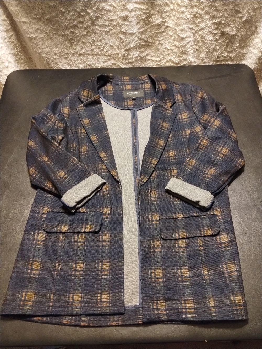 Liverpool Women's Navy and Brown Plaid Lightweight Shirt Jacket Sz Large